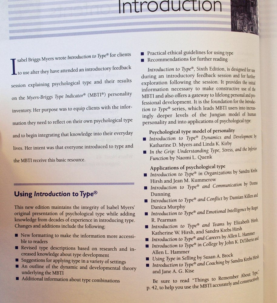 Introduction to Type: A Guide to Understanding Your Results on the MBTI Instrument