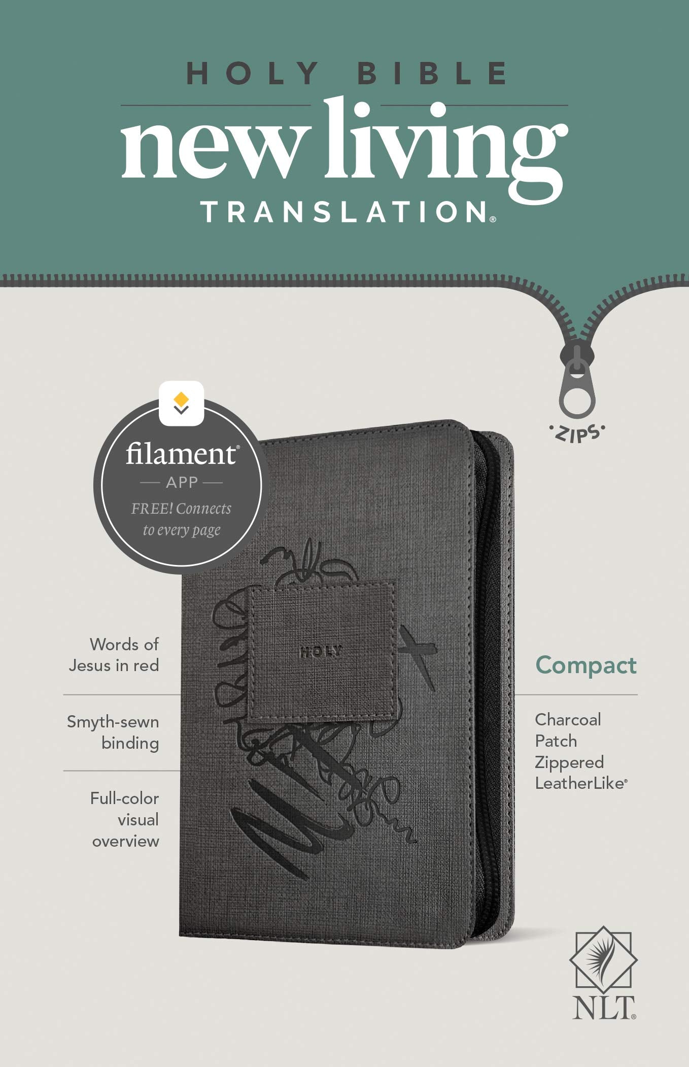 NLT Compact Zipper Bible, Filament Enabled (LeatherLike, Charcoal Patch, Red Letter)