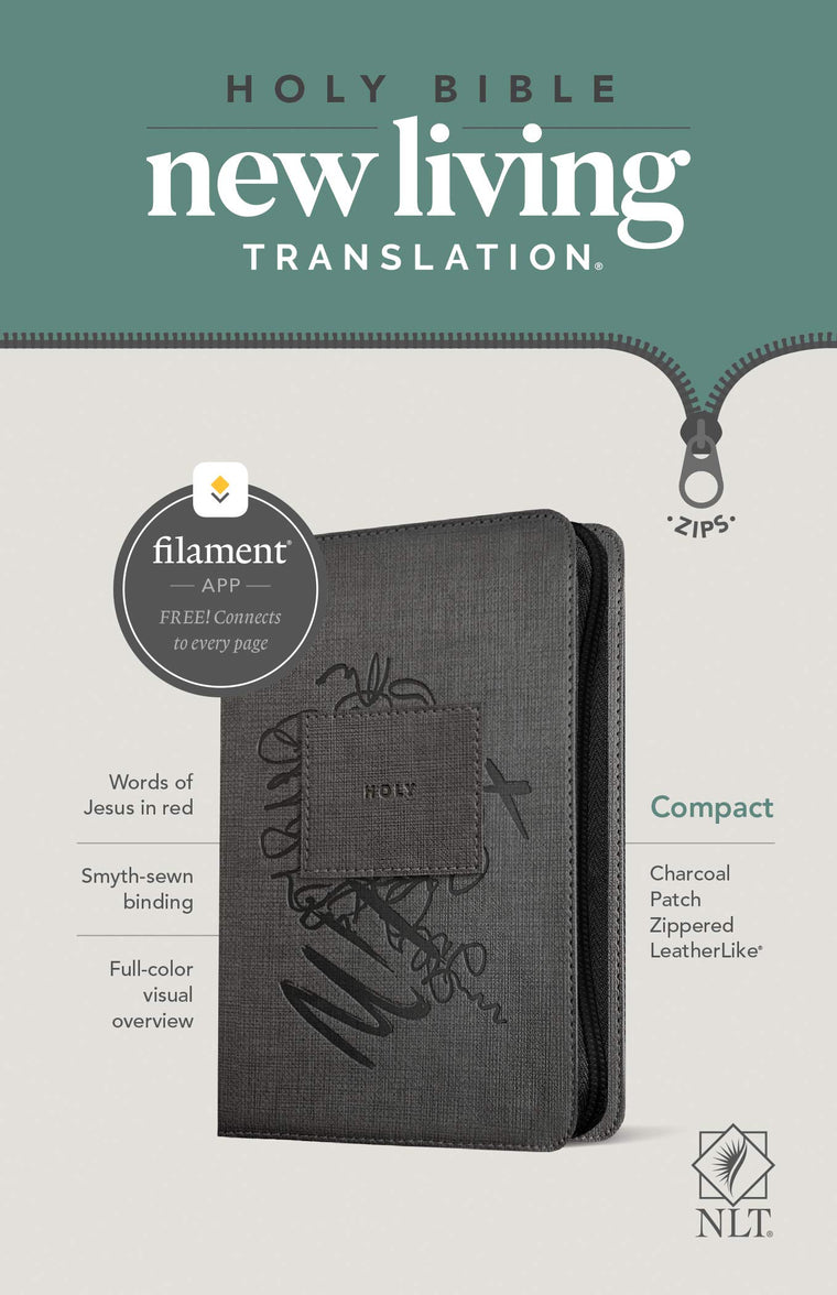 NLT Compact Zipper Bible, Filament Enabled (LeatherLike, Charcoal Patch, Red Letter)