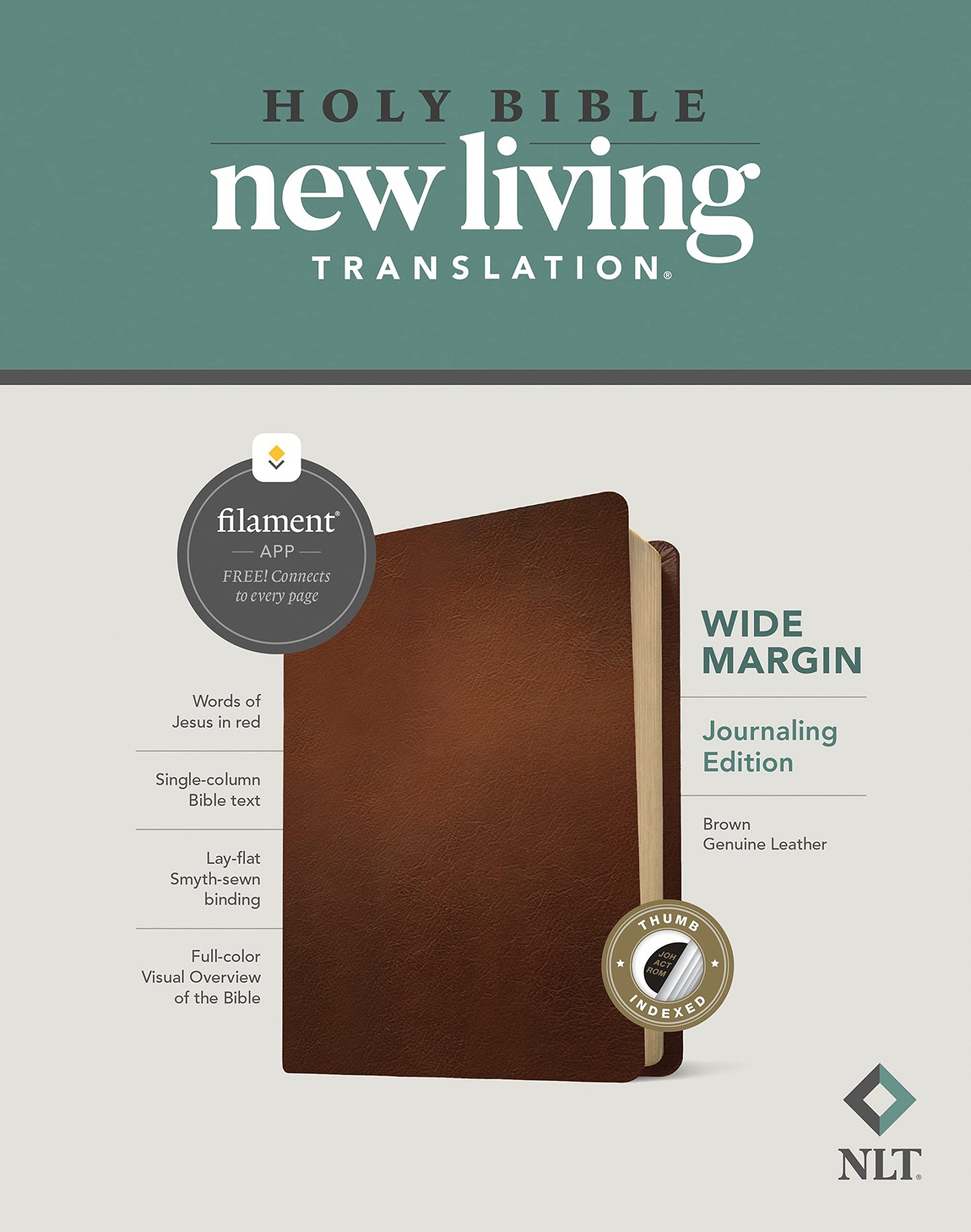 NLT Wide Margin Bible, Filament Enabled (Genuine Leather, Brown, Indexed, Red Letter)