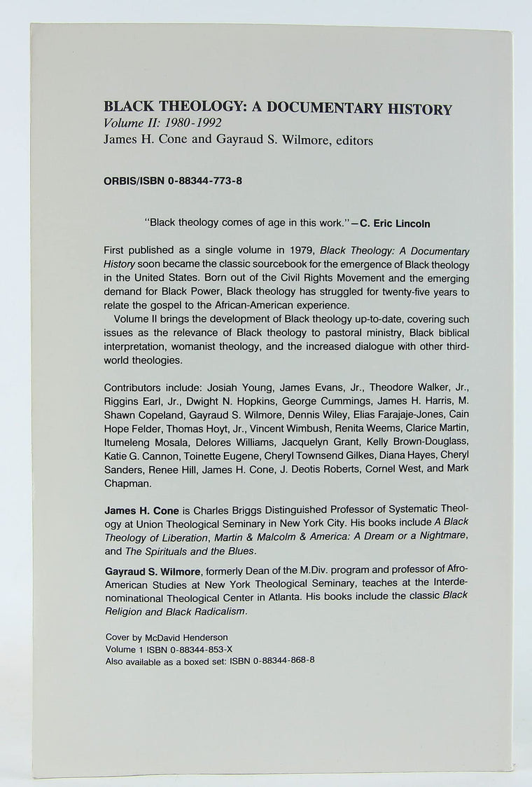 Black Theology: A Documentary History [Volume Two: 1980-1992] — back cover