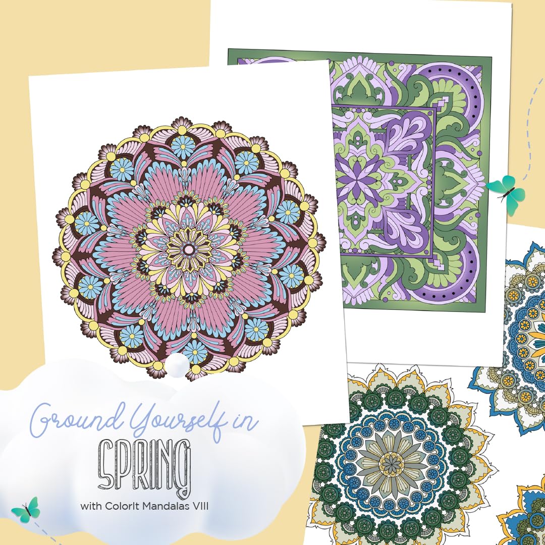 ColorIt Mandalas to Color, Volume VIII Adult Coloring Book 50 Floral and Geometric Mandala Patterns and Designs, Spiral Binding, USA Printed, Lay Flat Hardback Book Cover, Ink Blotter