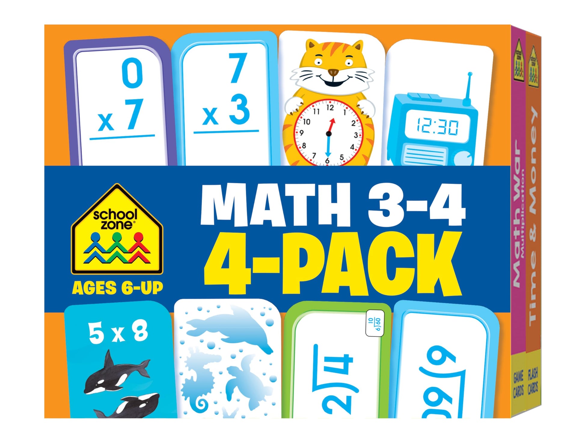 School Zone Math 3-4 4-Pack Flash Cards: 224 Cards, 3rd Grade, 4th Grade, Multiplication 0-12, Division 0-12, Math War Multiplication Game Cards, Time & Money, Telling Time, Coin Values, Ages 6+