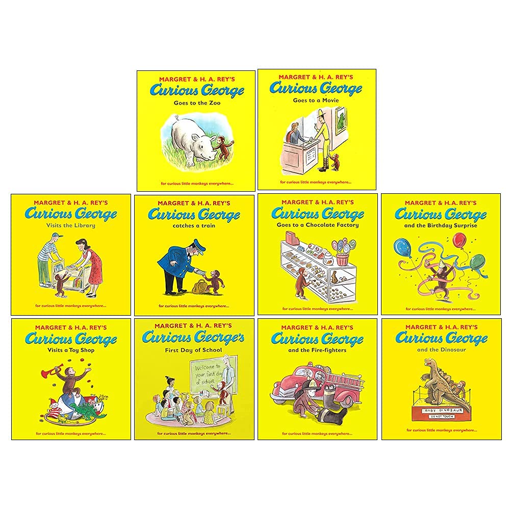 The Curious George Collection Series Books 1 - 10 Box Set by Margaret & H.A. Rey (Fire-fighters, Birthday Surprise, Dinosaur, Goes to the Zoo, Goes to a Chocolate Factory & MORE!)