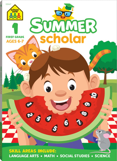 School Zone First Grade Summer Scholar Workbook: 80 Pages, 1st Grade, Reading Comprehension, Phonics, Addition, Subtraction, Time, Money, Science, Social Studies, Ages 6 to 7