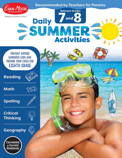 Evan-Moor Daily Summer Activities, Grade 7-8 Workbook, Prevent Learning Loss, Reading Comprehension, Writing, Math, Grammar, Punctuation, Spelling, Division, Decimals, Fractions, Geography, Map Skills