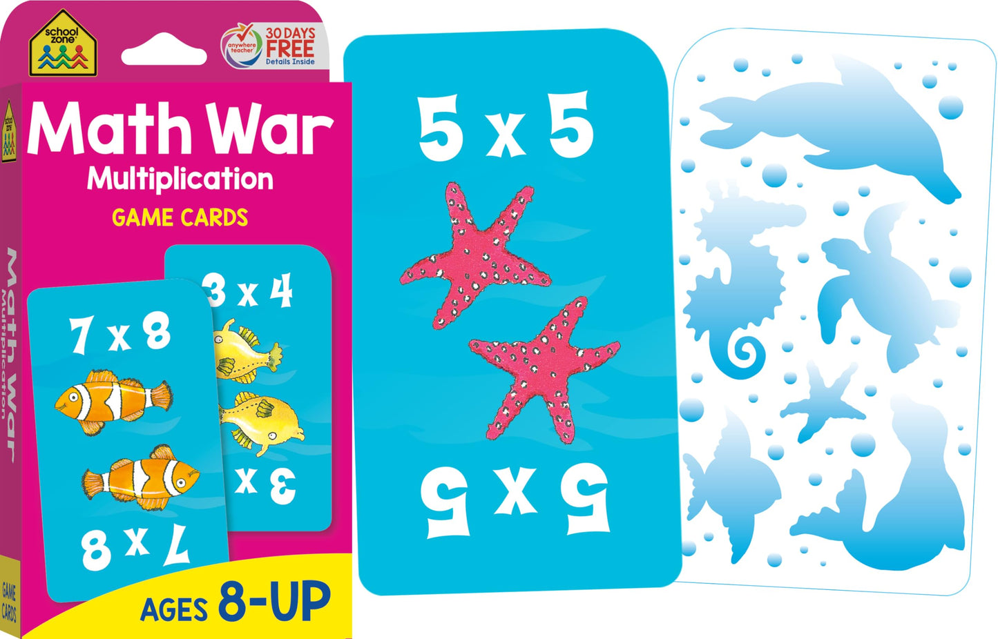 School Zone Math 3-4 4-Pack Flash Cards: 224 Cards, 3rd Grade, 4th Grade, Multiplication 0-12, Division 0-12, Math War Multiplication Game Cards, Time & Money, Telling Time, Coin Values, Ages 6+