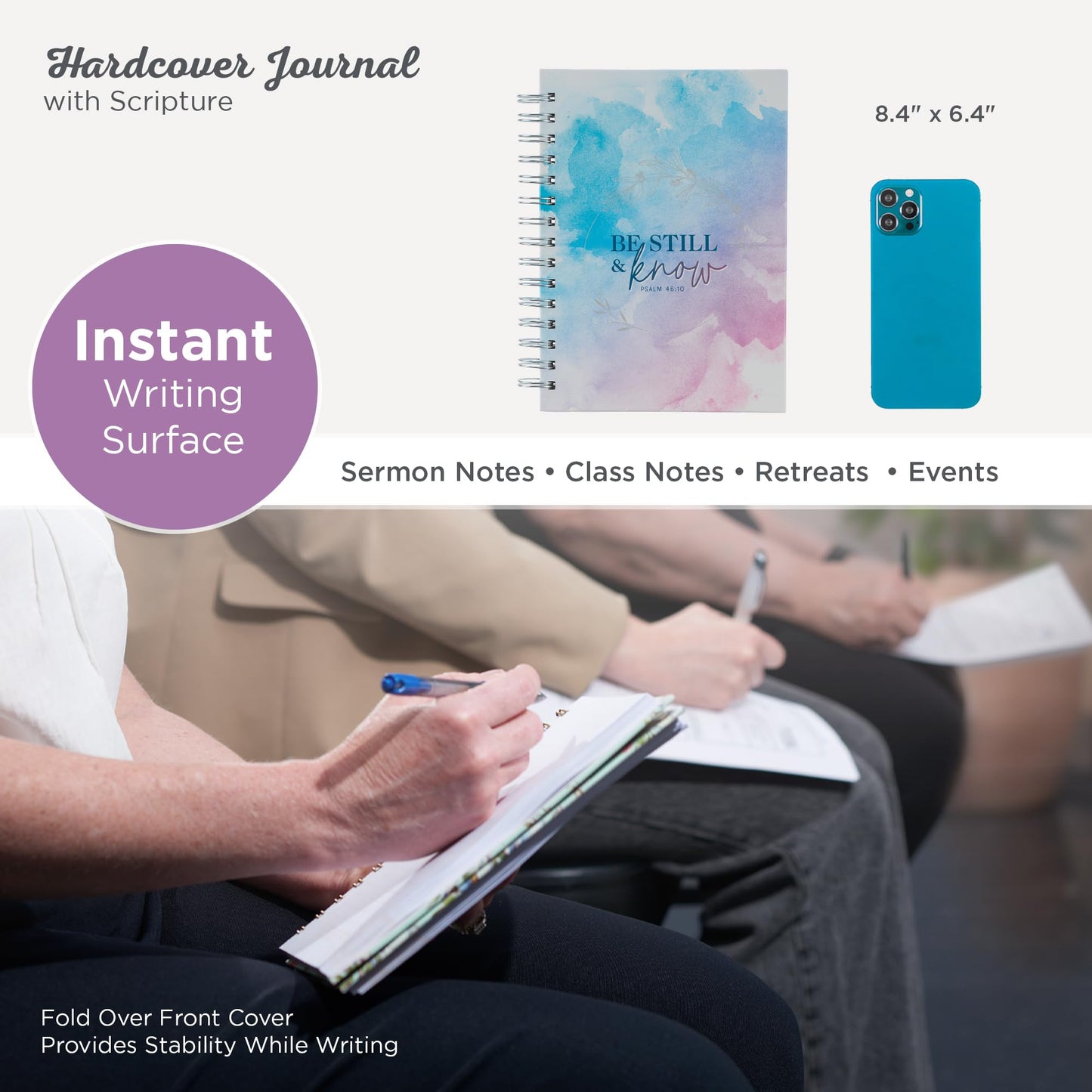 Christian Art Gifts Journal w/Scripture for Women Be Still Psalm 46:10 Bible Verse Watercolor Teal Pink Purple Laurel 192 Ruled Pages, Large Hardcover Notebook, Wire Bound