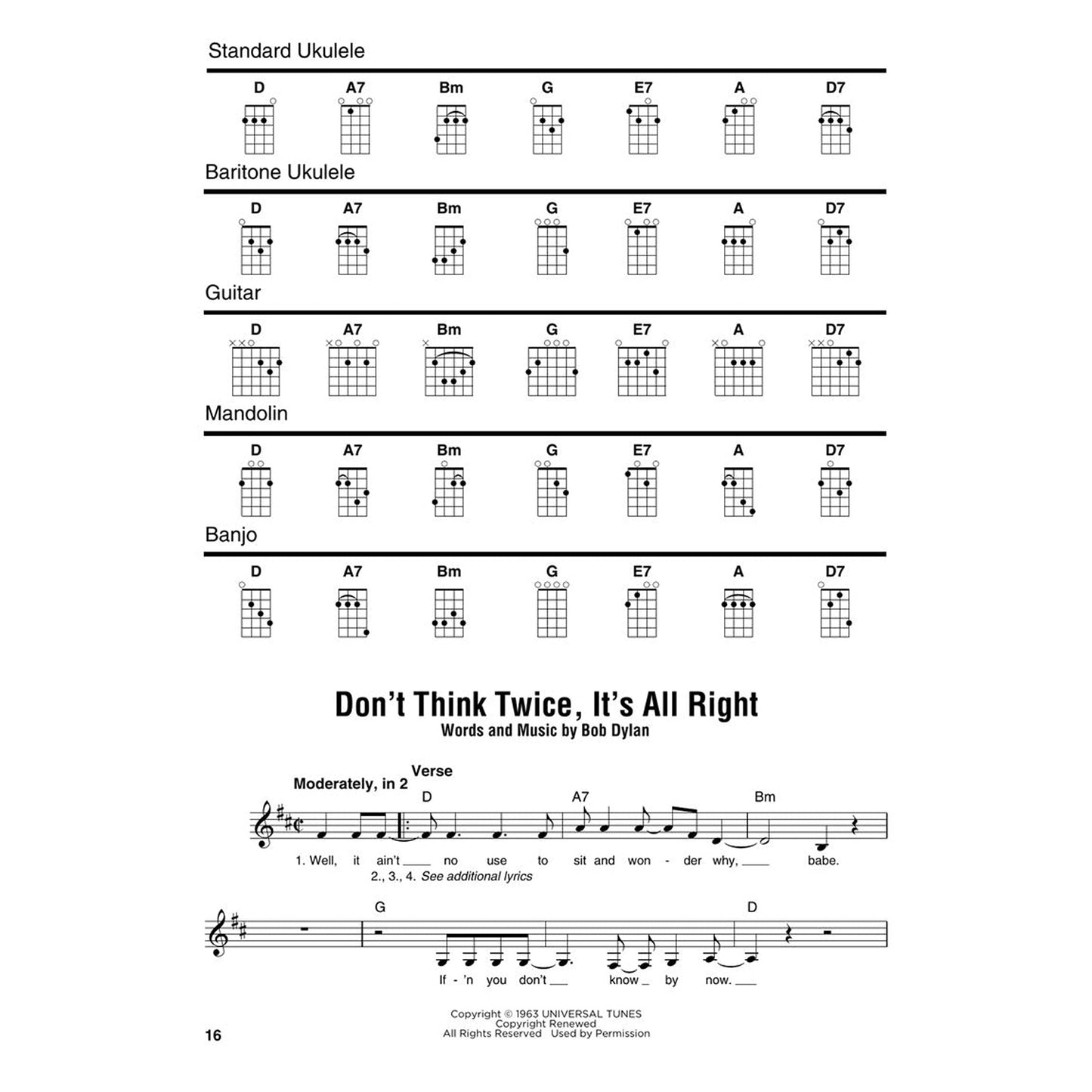 Bob Dylan - Strum Together: 47 Songs with Lyrics, Melody Lines, and Chord Frames for Standard Ukulele, Baritone Ukulele, Guitar, Mandolin, and Banjo