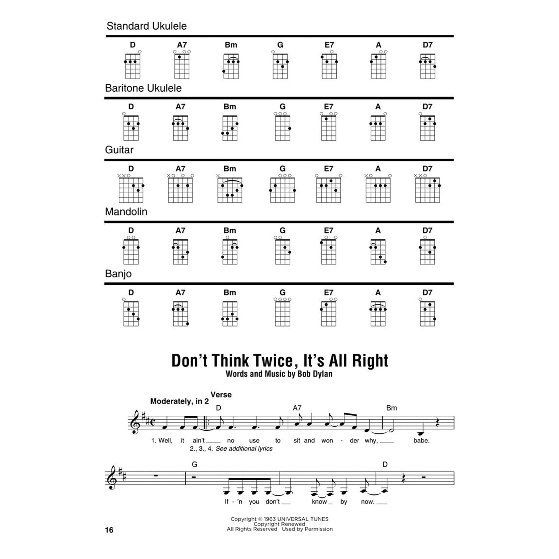 Bob Dylan - Strum Together: 47 Songs with Lyrics, Melody Lines, and Chord Frames for Standard Ukulele, Baritone Ukulele, Guitar, Mandolin, and Banjo