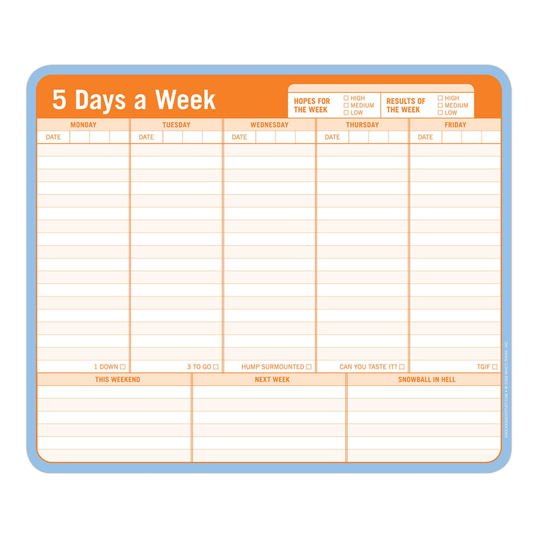 Knock Knock 5 Days a Week Paper Mouse Pad, Weekly Calendar Pad Tear Off & Daily To Do List Pad, 9.5 x 8-inches