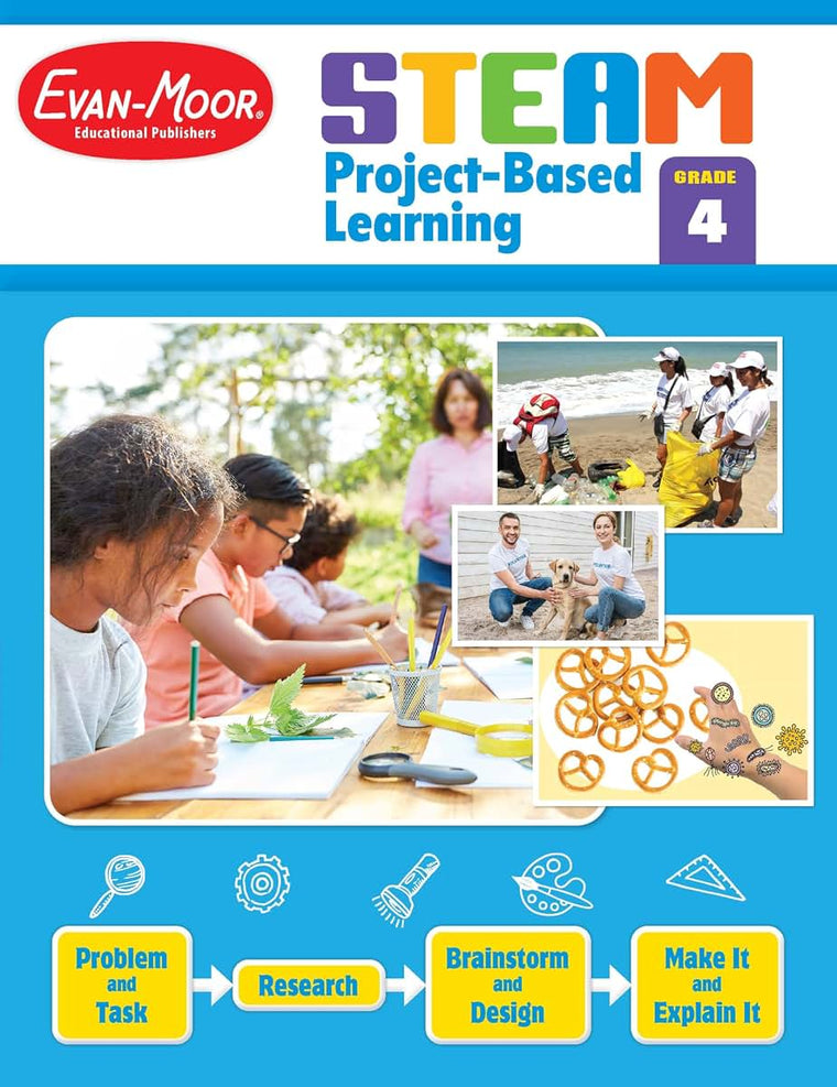 Evan-Moor STEAM Project-Based Learning, Grade 4 Activities Homeschooling and Classroom Resource Workbook, Reproducible Worksheets, Hands-On Projects, Problem Solving, Art, Puzzle, Real-World Topics