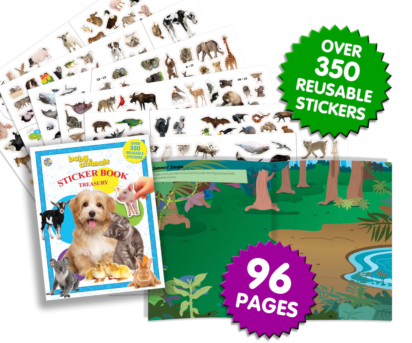 Phidal Baby Animals Sticker Book Treasury - Activity Books for kids, 350 reusable stickers, 96 pages of fun