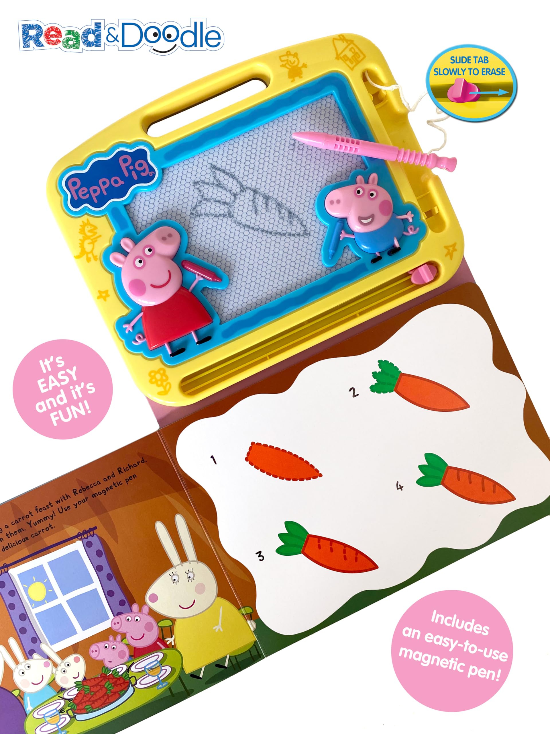 Peppa Pig Read & Doodle - Learning resources for kids, a magnetic drawing pad, an easy-to-use pen, 22-page board book for reading and drawing