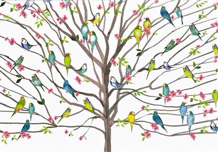 Tree of Budgies Note Cards (14 cards, 15 self-sealing envelopes)