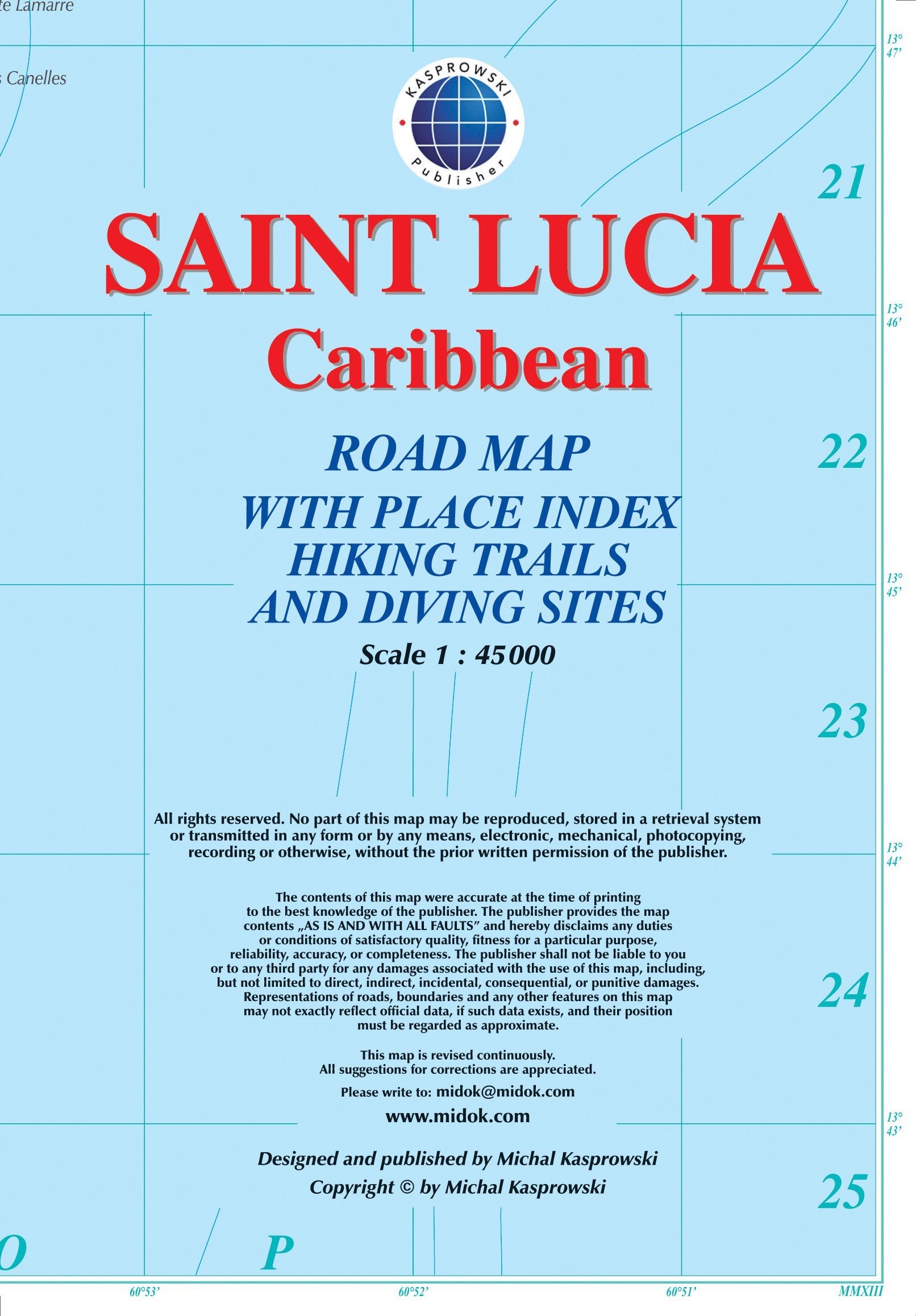 Saint Lucia Street Map With Index 1:45,000