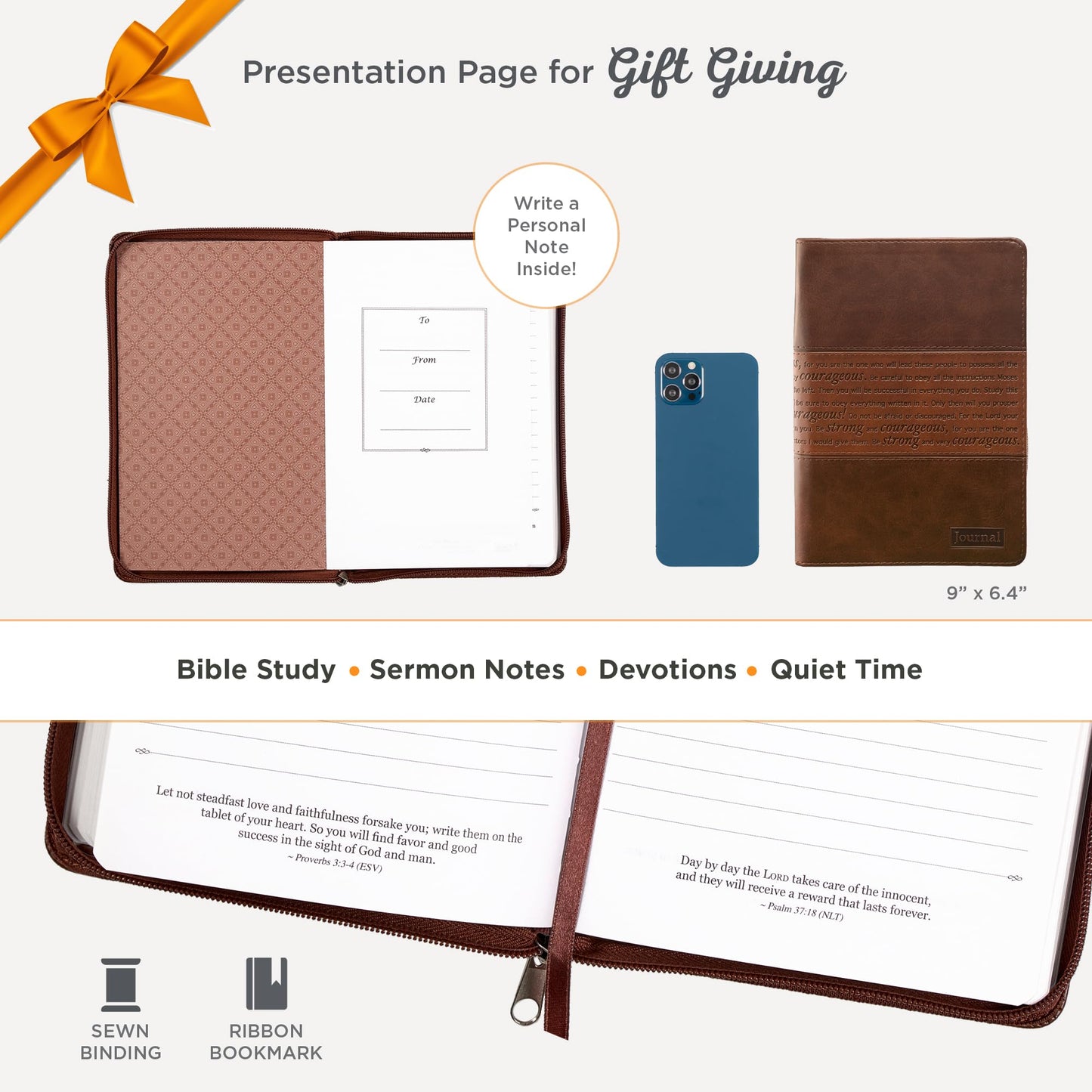 Classic Faux Leather Journal Strong and Courageous Joshua 1:57 Bible Verse, Brown Inspirational Notebook, Lined Pages w/Scripture, Ribbon Marker, Zipper Closure