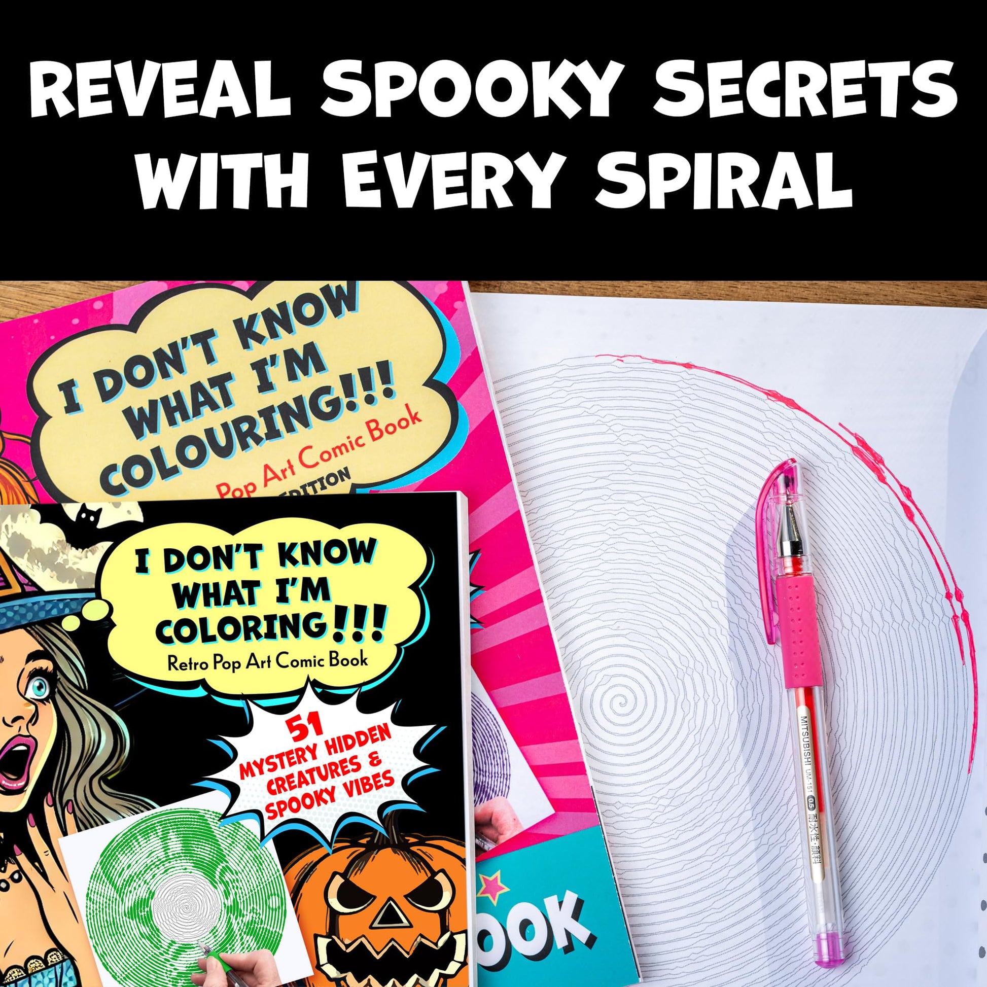 Halloween Coloring Book "I Don't Know What I'm Coloring!!!": 51 Mystery Hidden Creatures & Spooky Vibes with Spirals, Lines & Dots (Mystery Coloring Books for Adults)