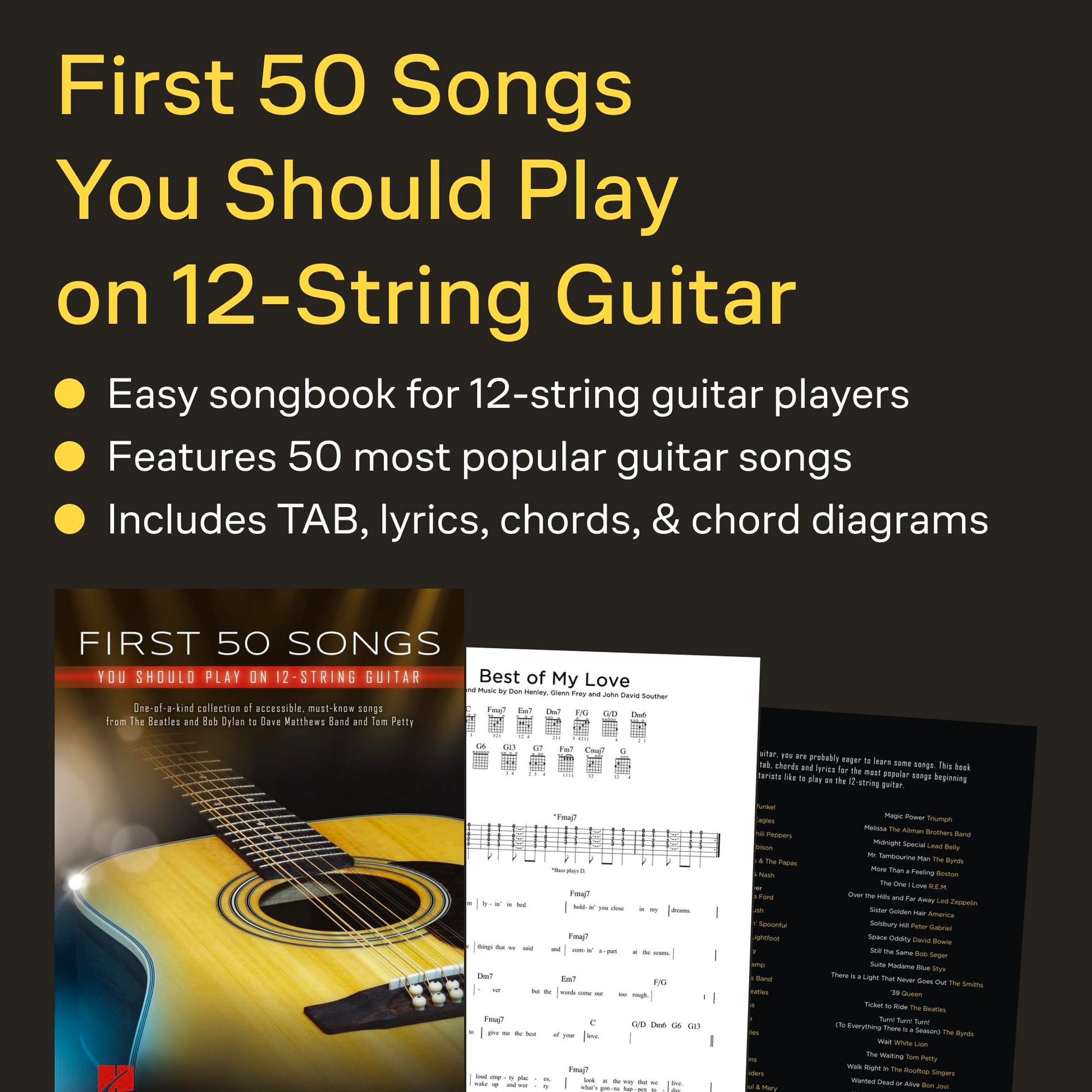 First 50 Songs You Should Play on 12-String Guitar  Chords, Tabs and Lyrics for Beginners  Learn Free Fallin', Hotel California and Wish You Were Here  Sheet Music for Acoustic Guitarists