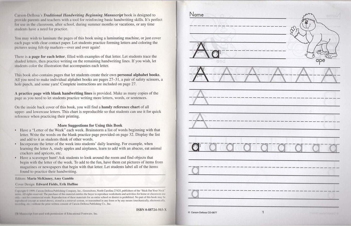 Carson Dellosa Traditional Handwriting: Beginning Manuscript, Grades K - 2 Resource Book