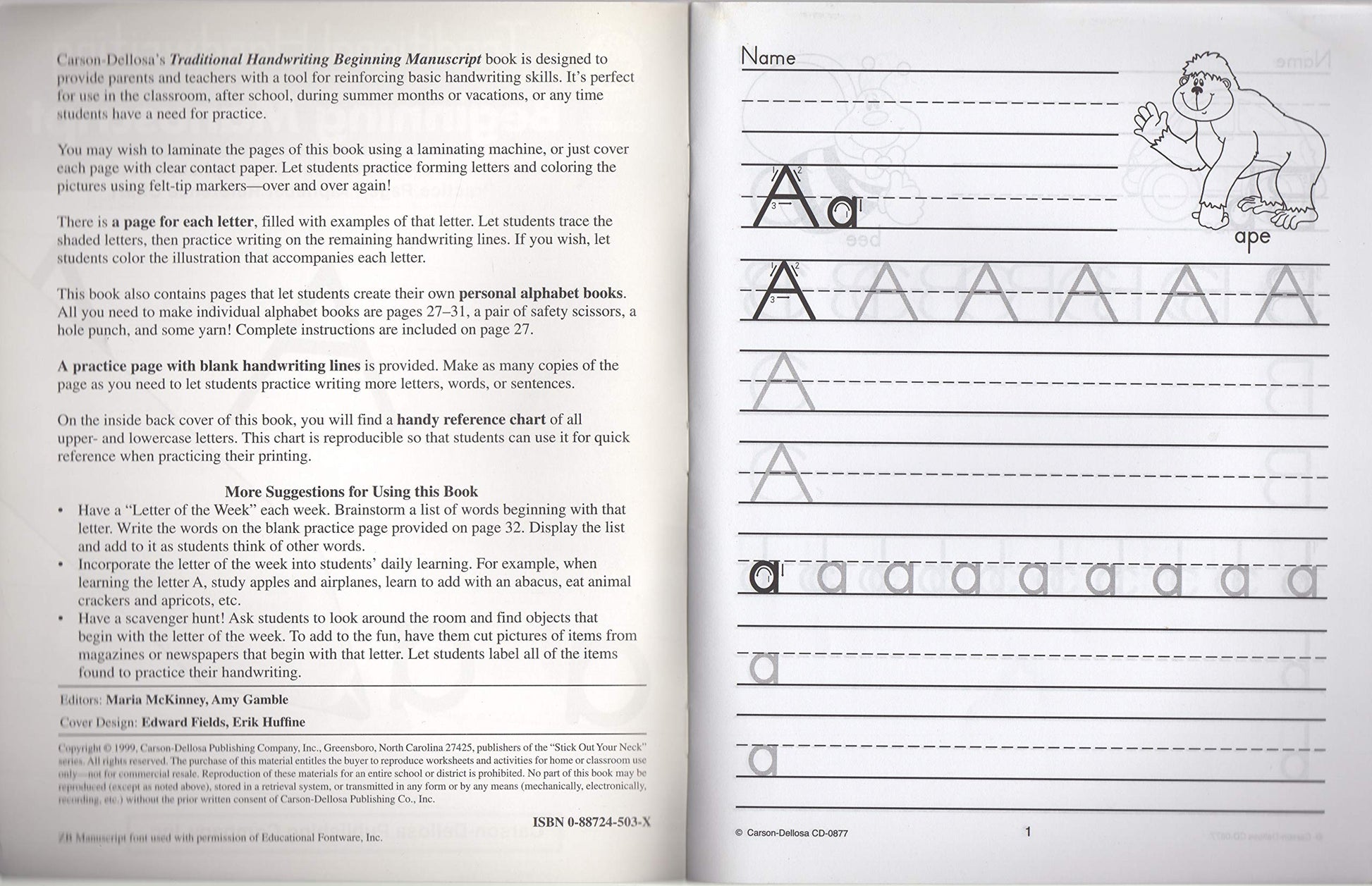 Carson Dellosa Traditional Handwriting: Beginning Manuscript, Grades K - 2 Resource Book