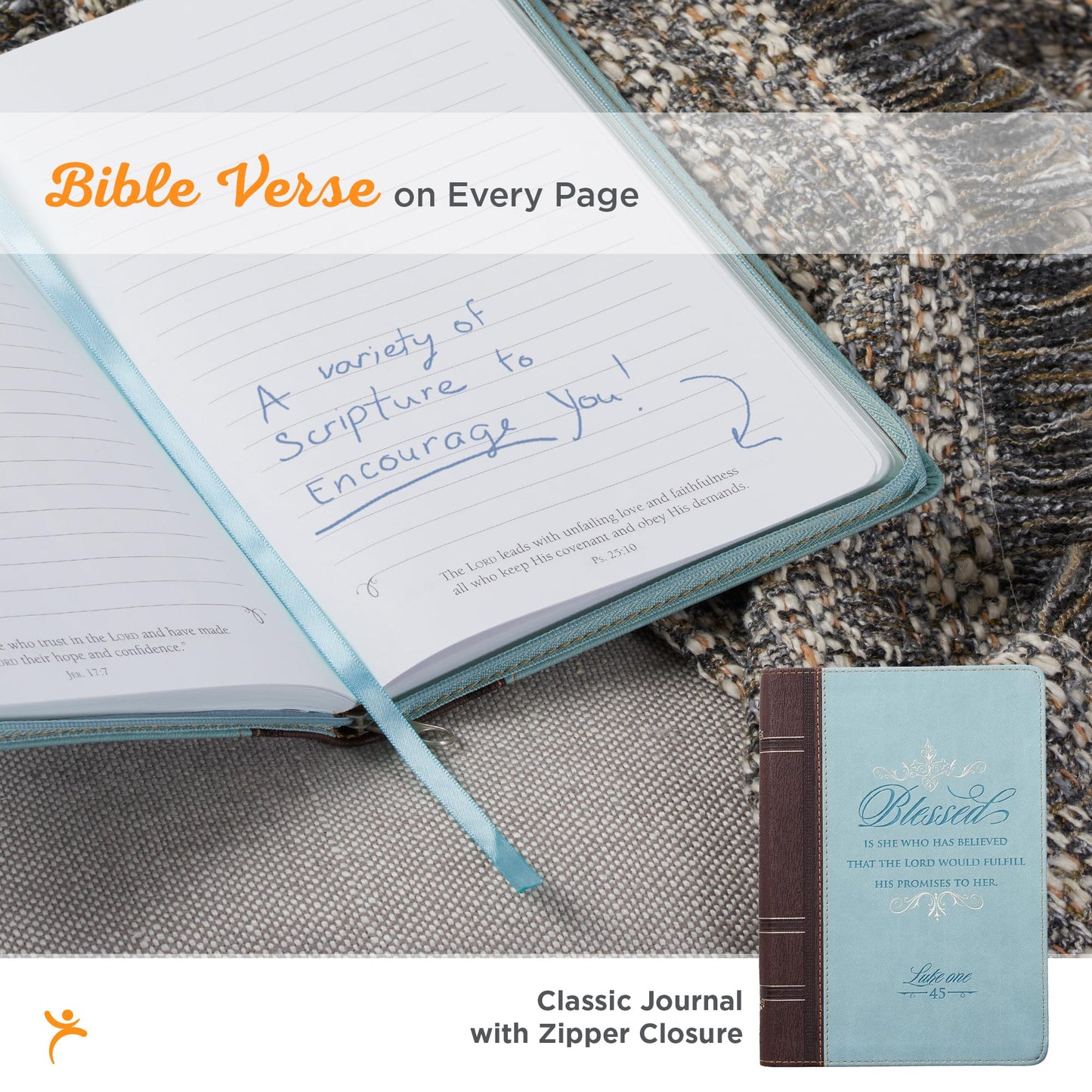 Classic Faux Leather Journal Blessed Is She Luke 1:45 Bible Verse Blue Inspirational Notebook, Lined Pages w/Scripture, Ribbon Marker, Zipper Closure