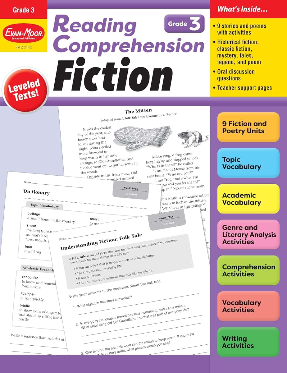 Evan-Moor Reading Comprehension: Fiction Grade 3, Homeschooling and Classroom Resource Workbook, Realistic Fiction, Historical fiction, Poetry, ... tale, Leveled, Greek legends, Close reading