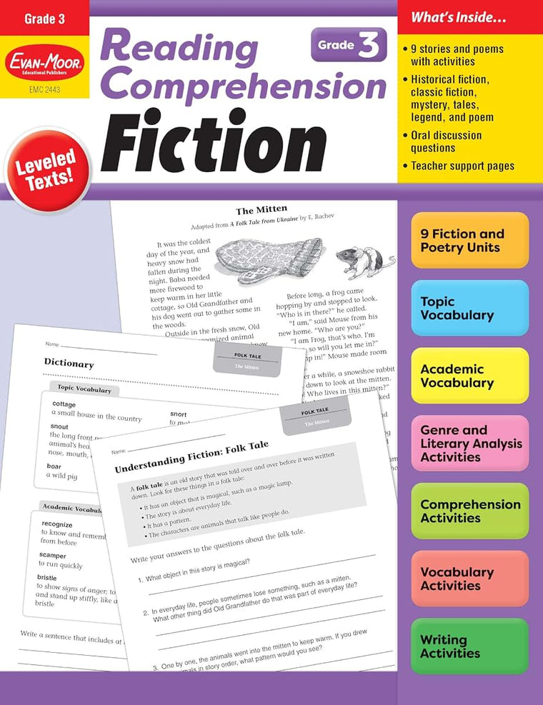 Evan-Moor Reading Comprehension: Fiction Grade 3, Homeschooling and Classroom Resource Workbook, Realistic Fiction, Historical fiction, Poetry, ... tale, Leveled, Greek legends, Close reading