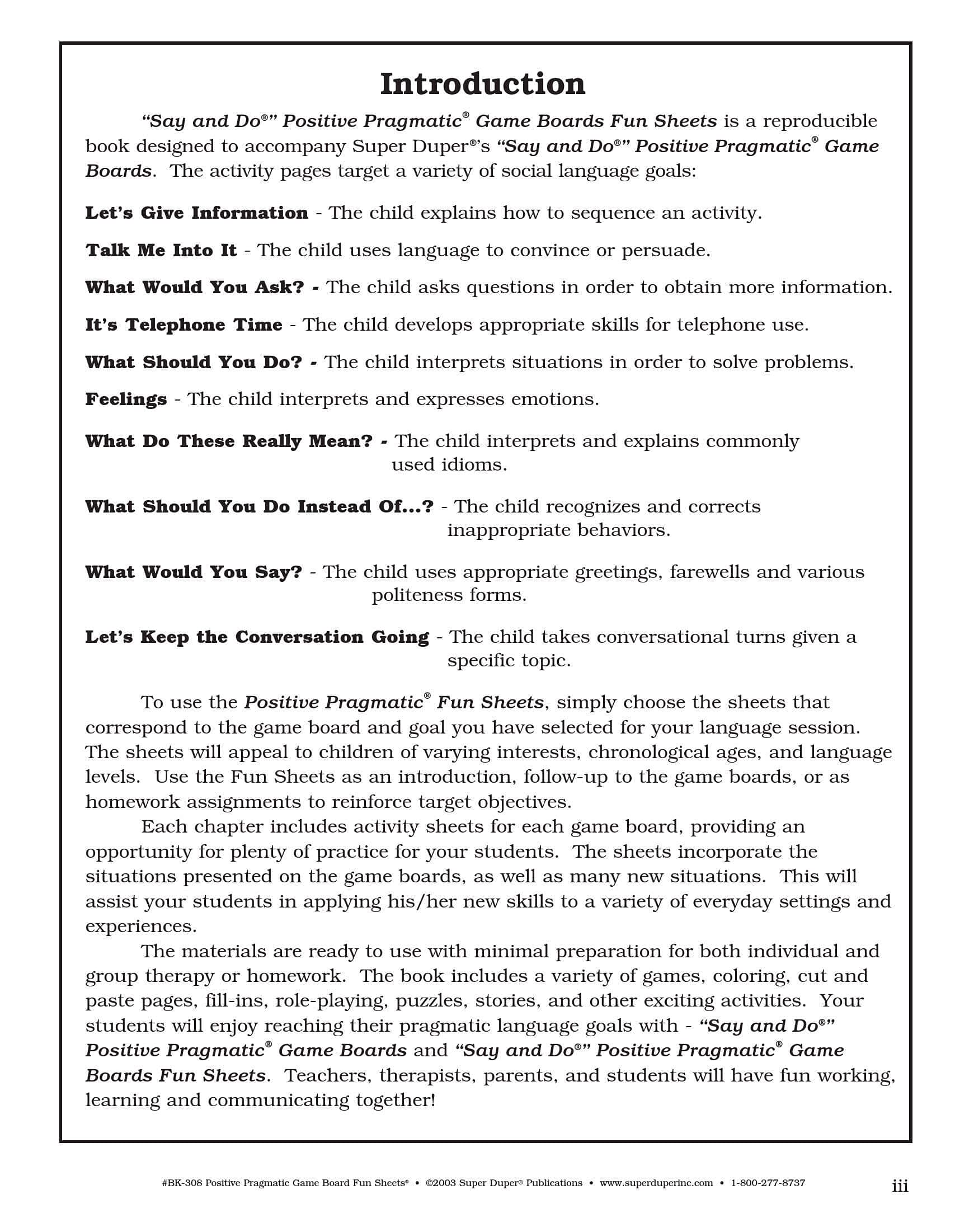 Super Duper Publications  Say and Do Positive Pragmatic Game Board Fun Sheets  Educational Resource for Children