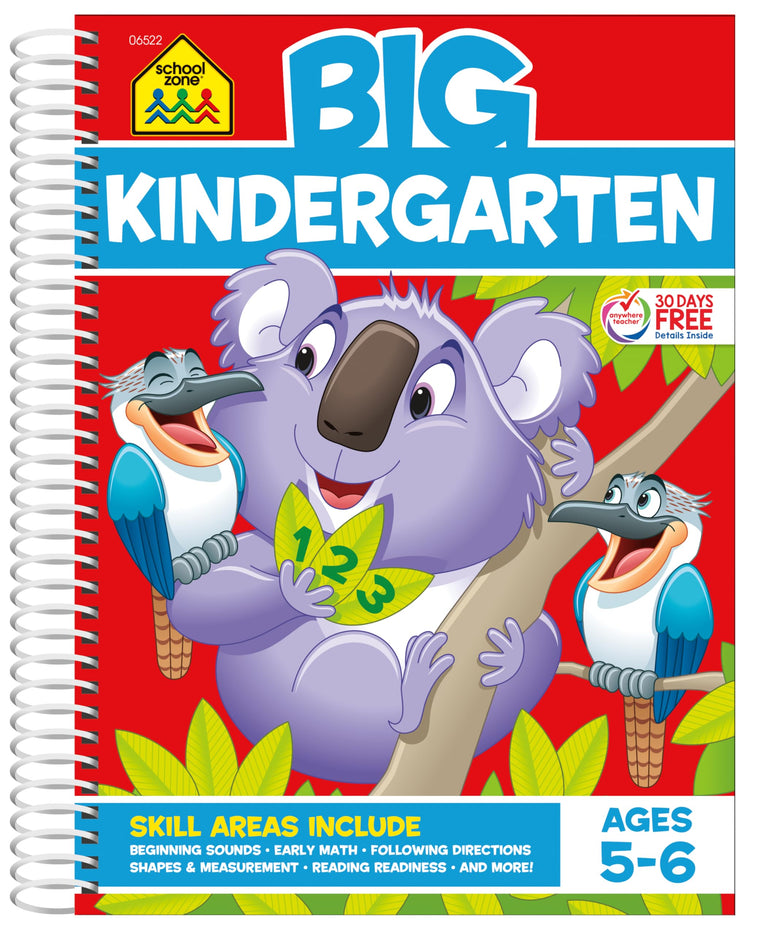School Zone Big Kindergarten Workbook: 320 Spiral-Bound Pages, Early Reading and Writing, Numbers 0-20, Basic Math, Matching, Story Order, Ages 5-6