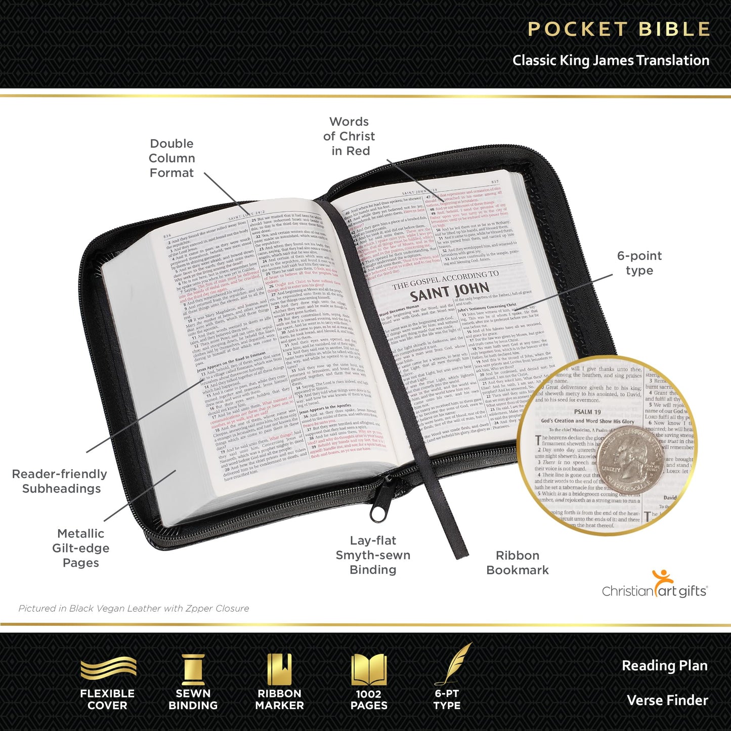 KJV Holy Bible, Mini Pocket Size, Black Faux Leather w/Ribbo