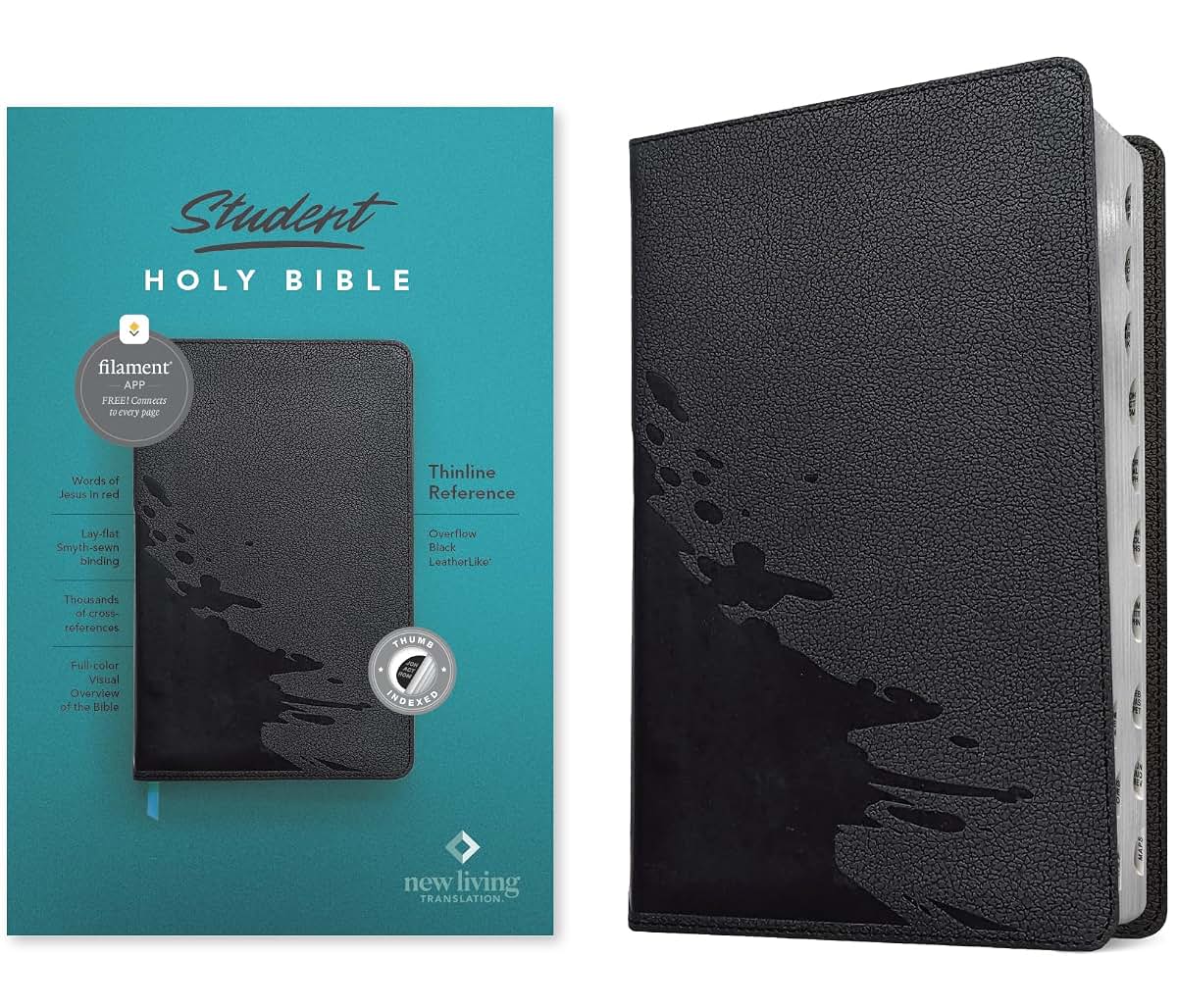 NLT Student Bible, Thinline Reference, Filament Enabled (LeatherLike, Overflow Black, Indexed, Red Letter)