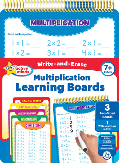 Active Minds - Write-and-Erase - Wipe Clean Learning Boards Ages 7+ - Multiplication, Division, USA States and Capitals