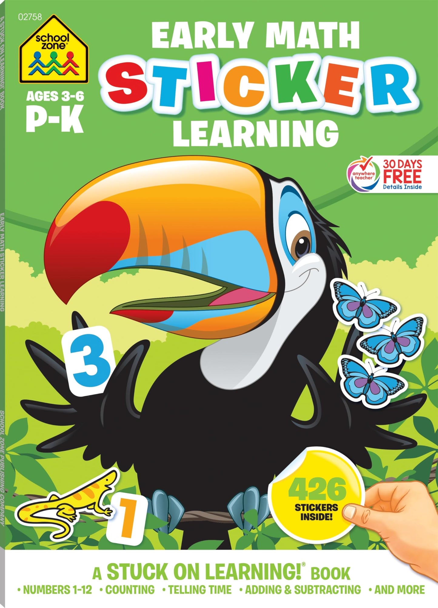School Zone - Math Stickers Workbook - 64 Pages, Ages 3 to 6, Preschool to Kindergarten, 426 Stickers, Counting, Numbers 1-12, Telling Time, and More (School Zone Stuck on Learning Book Series)