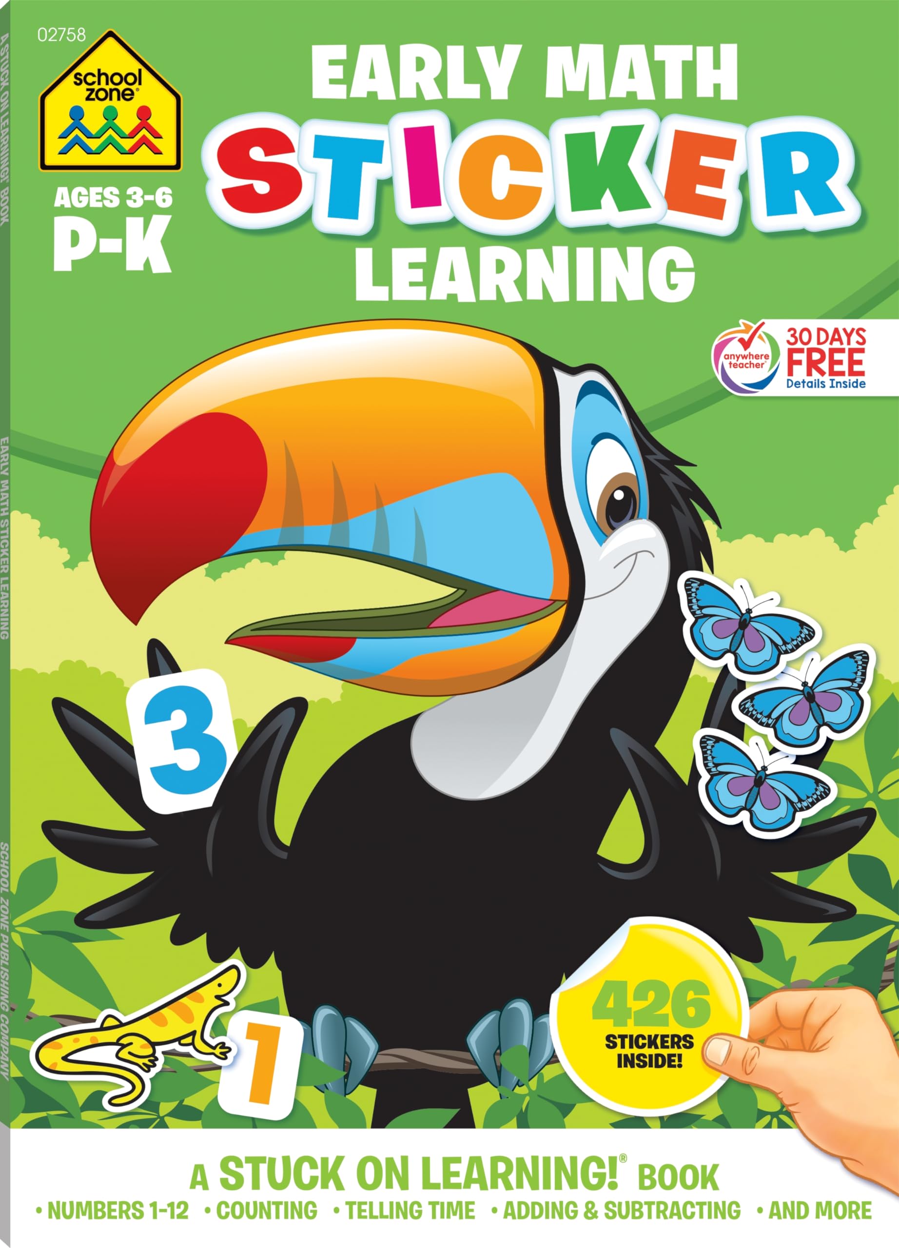 School Zone - Math Stickers Workbook - 64 Pages, Ages 3 to 6, Preschool to Kindergarten, 426 Stickers, Counting, Numbers 1-12, Telling Time, and More (School Zone Stuck on Learning Book Series)