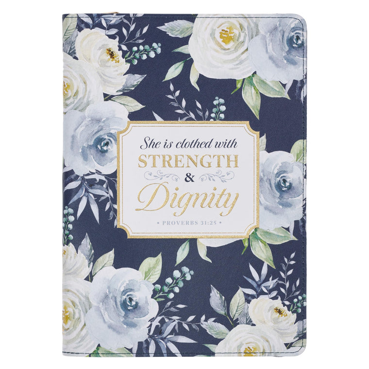 Christian Art Gifts Blue Vegan Leather Zipped Journal, Inspirational Womens Notebook Floral Strength & Dignity Scripture, Flexible Cover, 336 Ruled Pages, Ribbon Bookmark, Proverbs 31:25 Bible Verse