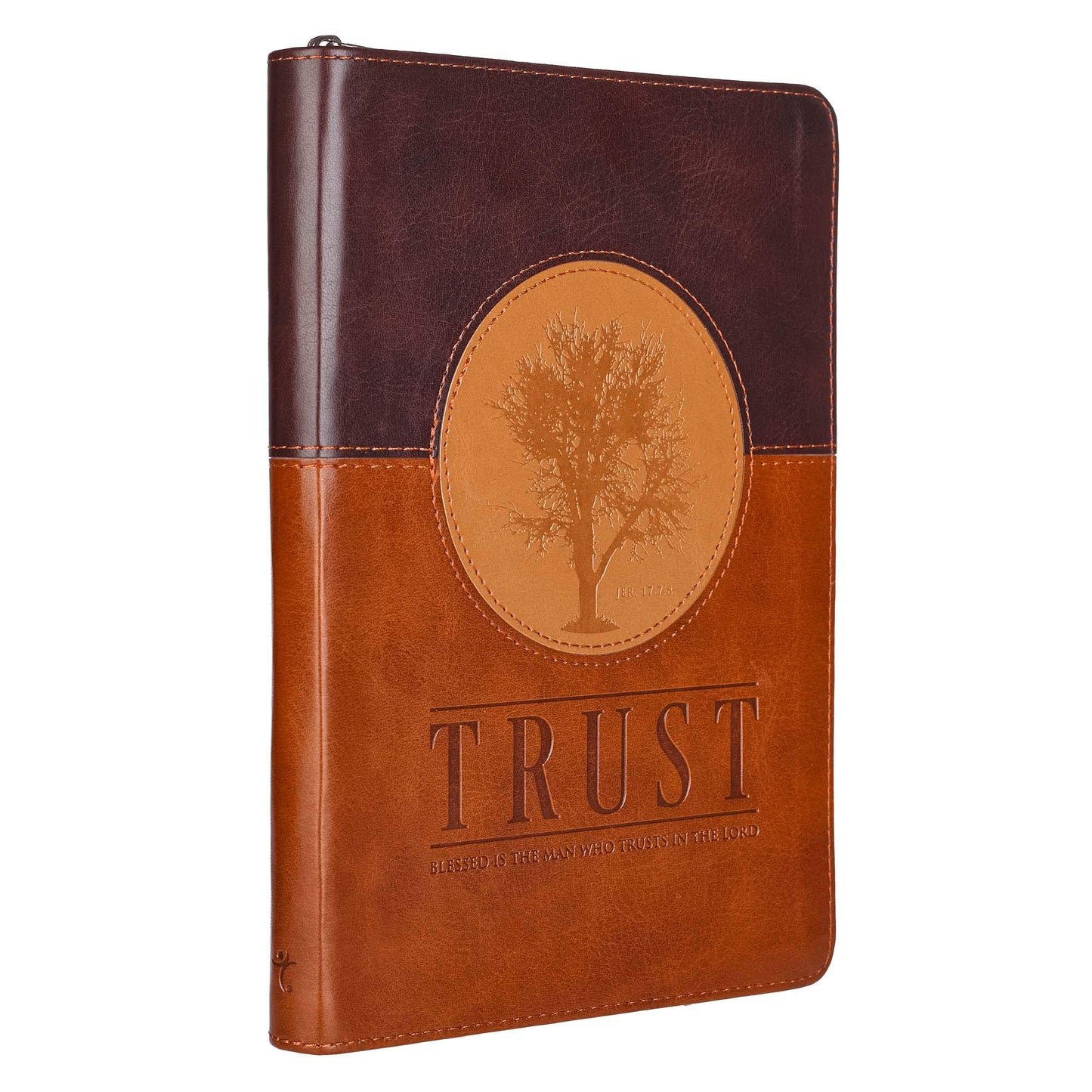 Trust Jeremiah 17:7-8 Bible Verse Brown Faux Leather Journal Inspirational Zippered Notebook w/Ribbon and Lined Pages, 6.5 x 8.75 Inches