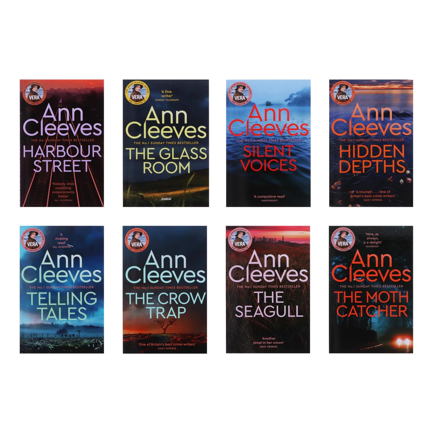Ann Cleeves TV Vera Stanhope Series Collection 8 Books Set (Telling Tales, Harbour Street, Silent Voices, Hidden Depths, The Glass Room, The Seagull, The Moth Catcher)