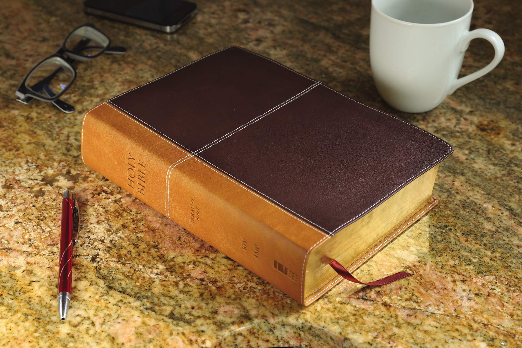 KJV, Amplified, Parallel Bible, Large Print, Leathersoft, Tan/Burgundy, Red Letter: Two Bible Versions Together for Study and Comparison