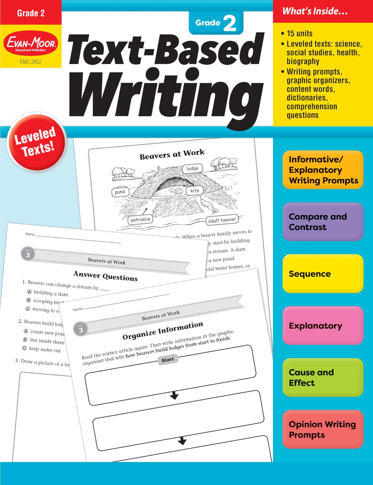 Evan-Moor's Text-Based Writing, Grade 2 - Homeschooling and Classroom Resource Workbook, Citing Evidence, Prompts, Leveled Texts, Informative, Compare and Contrast, Opinion, Sequence, Biography