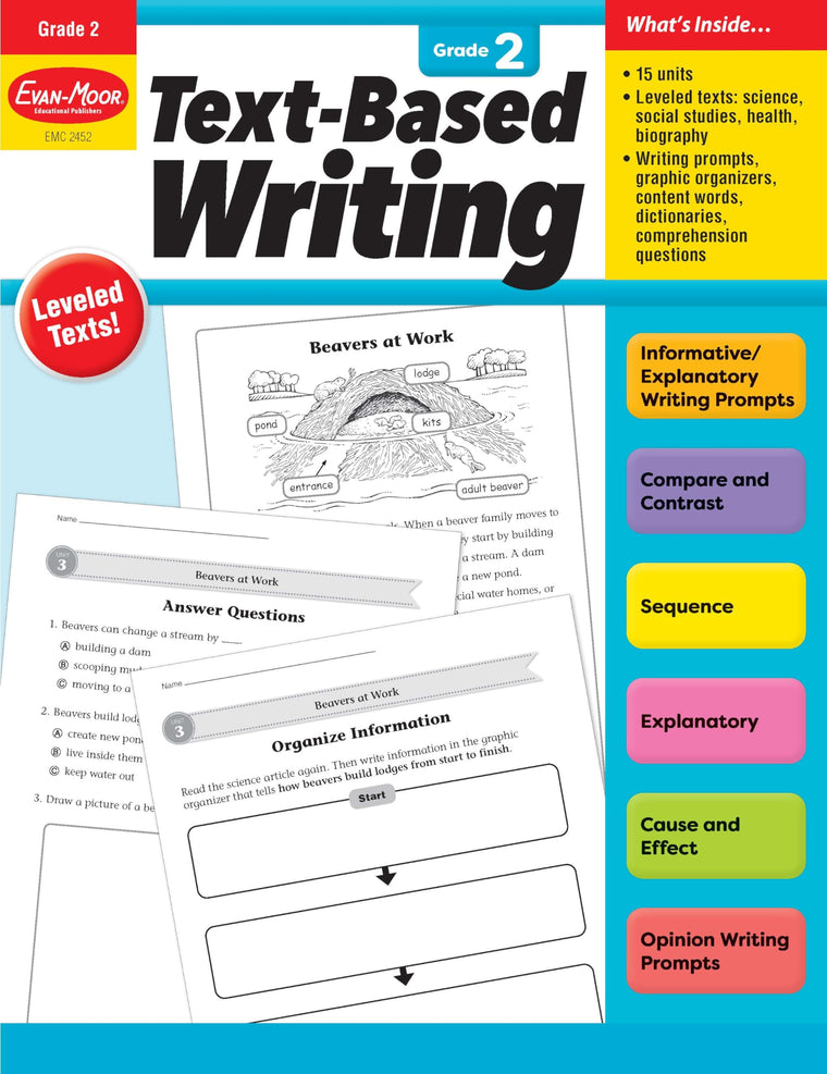 Evan-Moor's Text-Based Writing, Grade 2 - Homeschooling and Classroom Resource Workbook, Citing Evidence, Prompts, Leveled Texts, Informative, Compare and Contrast, Opinion, Sequence, Biography
