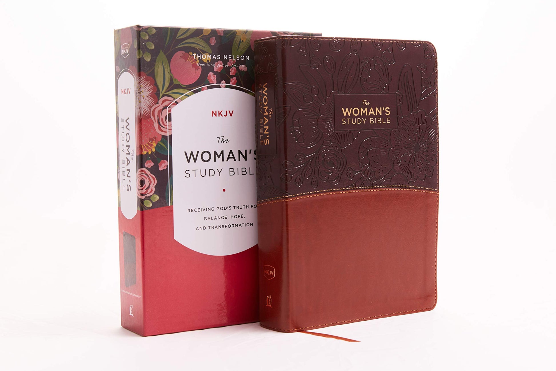 NKJV, The Woman's Study Bible, Leathersoft, Brown/Burgundy, Red Letter, Full-Color Edition, Thumb Indexed: Receiving God's Truth for Balance, Hope, and Transformation