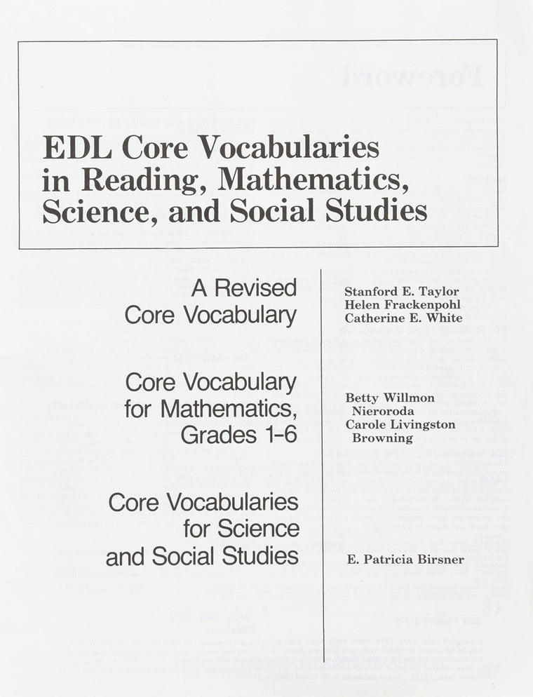 Edl Core Vocabularies In Reading, Mathematics, Science, And Social Studies