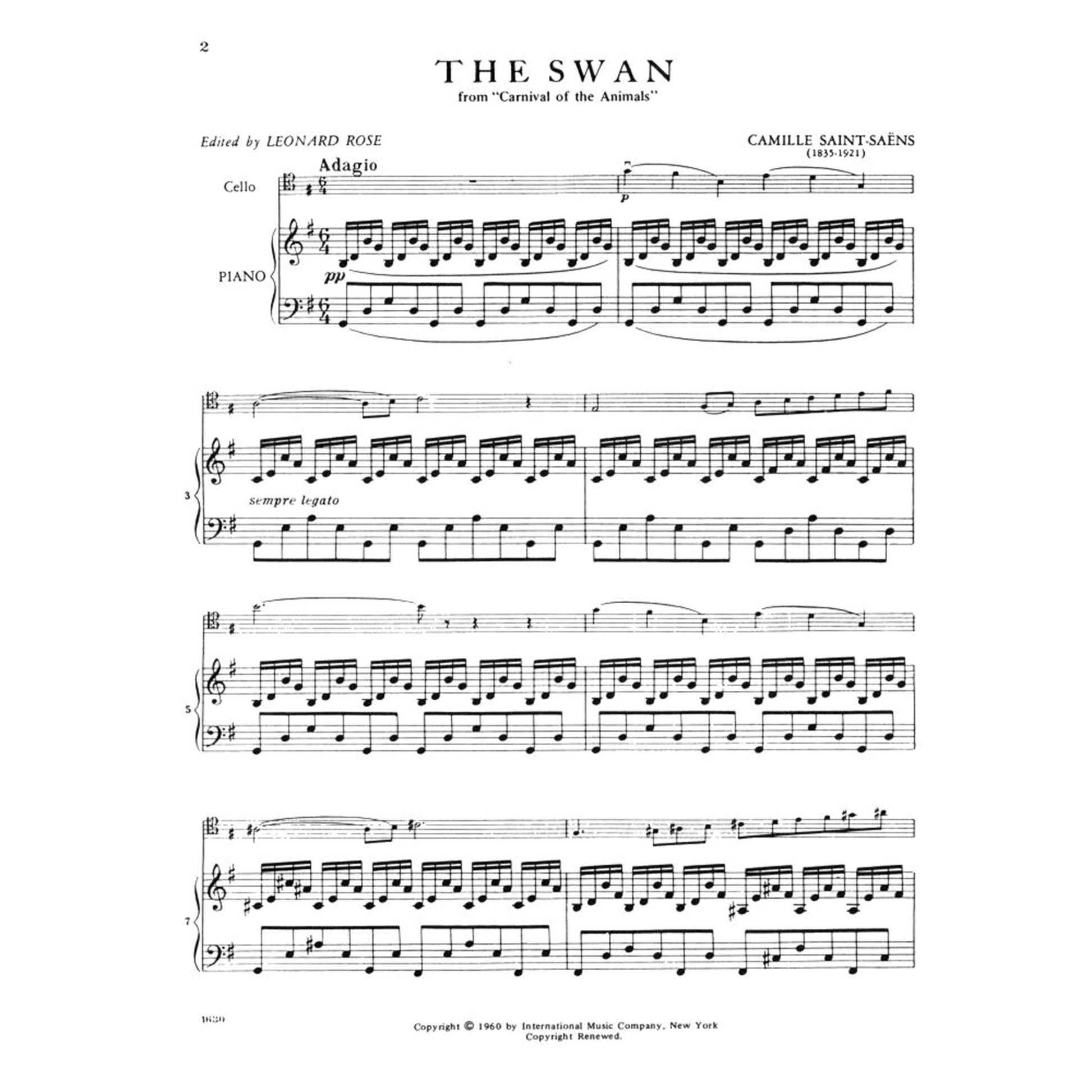 Saint-Saens Camille The Swan from Carnival of the Animals. For Cello and Piano. by International