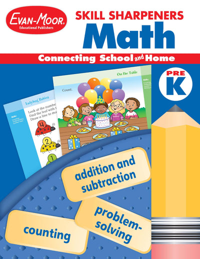 Evan-Moor Skill Sharpeners Math Workbook, PreK, Addition, Subtraction, Numbers, Identifying Geometric Shapes, Word Problems, Place Value, Tell Time, Patterning, Measuring, Fun Activities, Homeschool