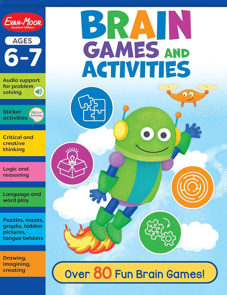 Evan-Moor Brain Games and Activities for Kids, Ages 6-7, Workbook, Hidden Pictures, Mazes, Sticker Activities, Logic Puzzles, Tongue Twisters, Audio, Secret Codes, Critical Thinking, Word Play