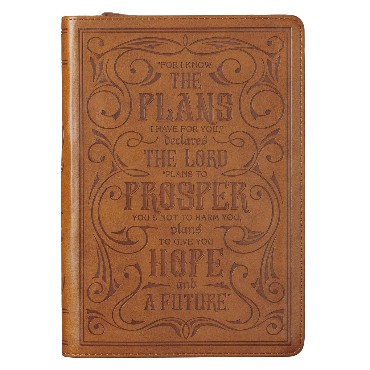 Classic Faux Leather Journal For I Know The Plans Jeremiah 29:11 Bible Verse Bible Verse Brown Inspirational Notebook, Lined Pages w/Scripture, Ribbon Marker, Zipper Closure