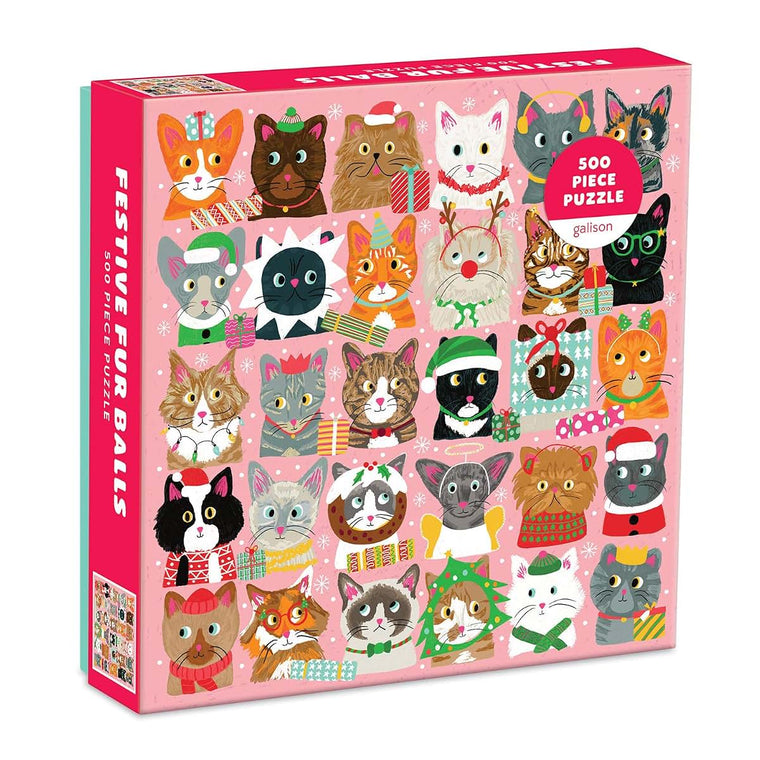 Galison Festive Furballs Puzzle, 500 Pieces, 20 x 20 - Cat Jigsaw Puzzle Featuring a Festive Holiday Illustration by Liza Lewis - Thick, Sturdy Pieces, Challenging Family Activity, Great Gift Idea