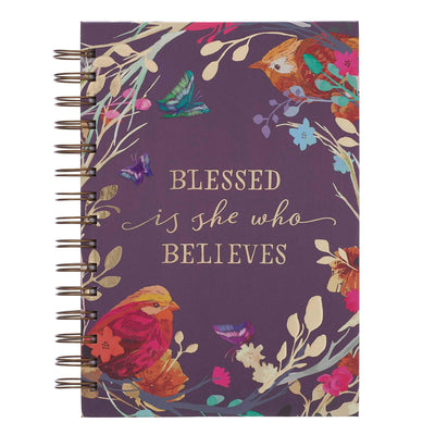 WITH LOVE Inspirational Spiral Journal Notebook for Women Blessed Is She Who Believes Birds/Floral Eggplant Wire Bound w/192 Ruled Pages, Large Hardcover