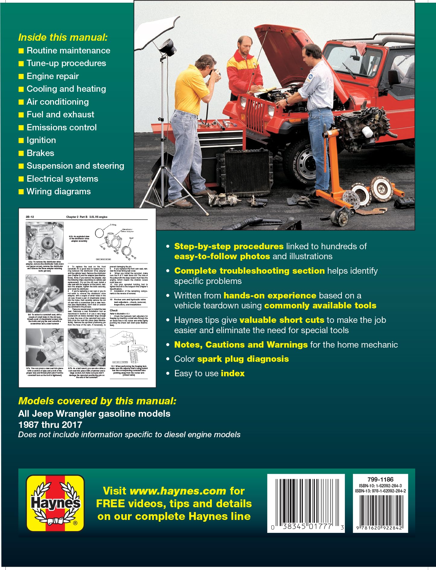 Jeep Wrangler 4-Cyl & 6-Cyl Gas Engine 2WD & 4WD Models (87-17) Haynes Repair Manual (Does Not Include Info Specific to Diesel Engine Models)